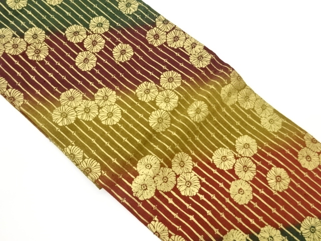 上代紬金彩抽象竹に菊模様名古屋帯